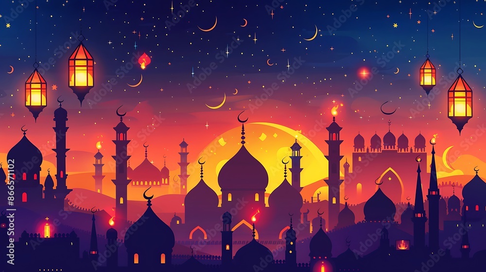 illustration of Happy Muharram and Islamic New Year festival greeting poster card design with mosque and lamps for social media post. Generative Ai illustration of Happy Muharram and Islamic New Year festival greeting poster card design with mosque and lamps for social media post. Generative Ai