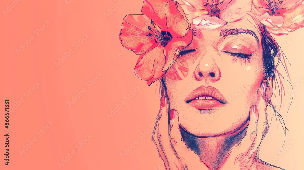 The image is an illustration of a shy lady with a red bloom plant and a pastel color background. The image is a concept of women's health care. The image is an illustration of a shy lady with a red bloom plant and a pastel color background. The image is a concept of women's health care.