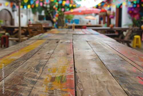 Wooden table set up for a festive junina celebration in the brazilian tradition © Livinskiy