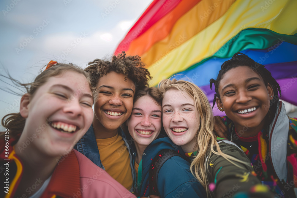 A group of young people celebrating LGBTQ+ Pride Day with the rainbow flag. Concept of gender freedom, equality, empathy, and diversity. A group of young people celebrating LGBTQ+ Pride Day with the rainbow flag. Concept of gender freedom, equality, empathy, and diversity.