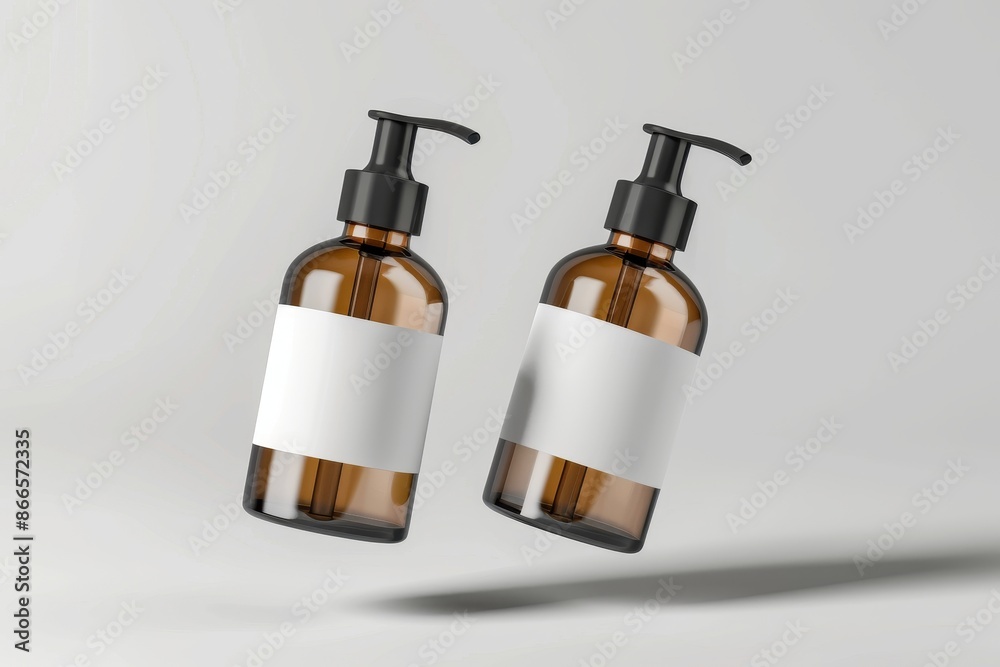 No gravity, empty amber glass pump bottle with white mockup No gravity, empty amber glass pump bottle with white mockup