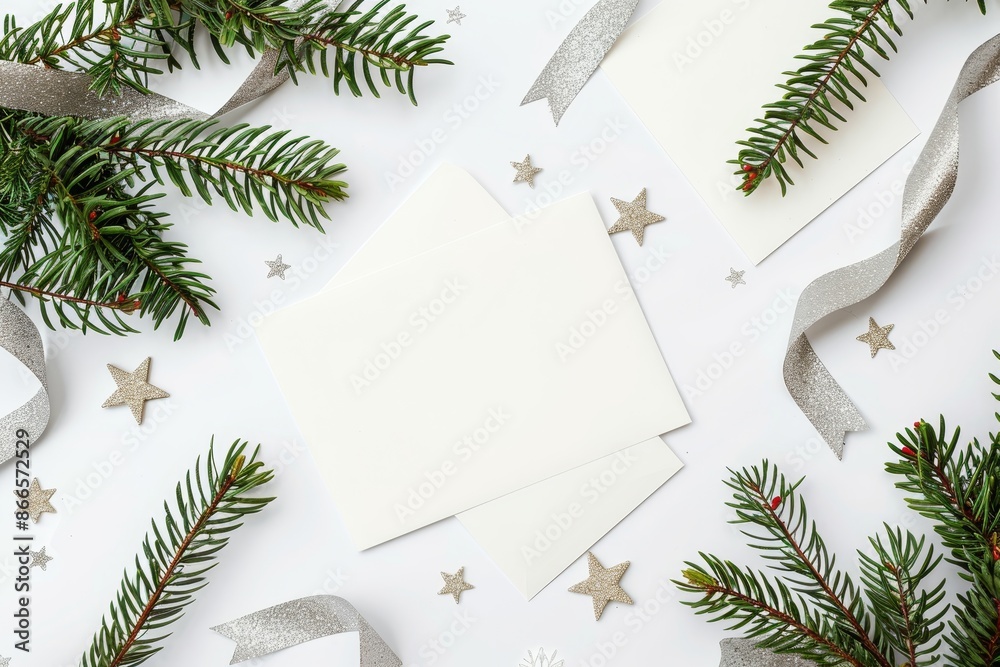 An engaging Christmas card featuring fresh fir twigs, confetti, and a mockup letter. An engaging Christmas card featuring fresh fir twigs, confetti, and a mockup letter.