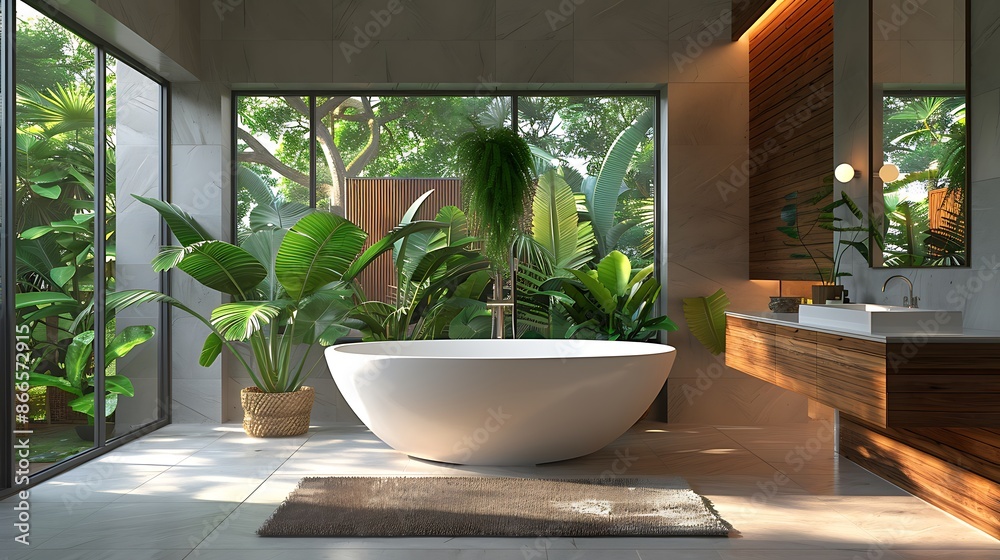 Modern bathroom with a white bathtub, lush indoor plants, and natural wooden accents, bathed in gentle natural lighting. The minimalist design creates a luxurious and nature-inspired atmosphere Modern bathroom with a white bathtub, lush indoor plants, and natural wooden accents, bathed in gentle natural lighting. The minimalist design creates a luxurious and nature-inspired atmosphere