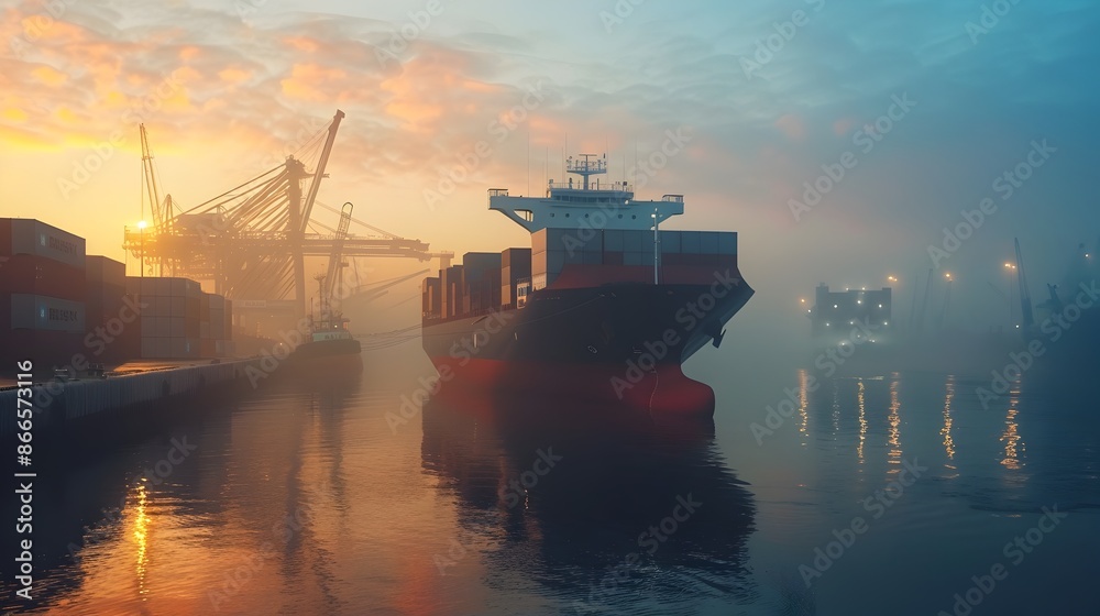 Cargo Ship Docking at Misty Shipping Port at Dusk Cargo Ship Docking at Misty Shipping Port at Dusk