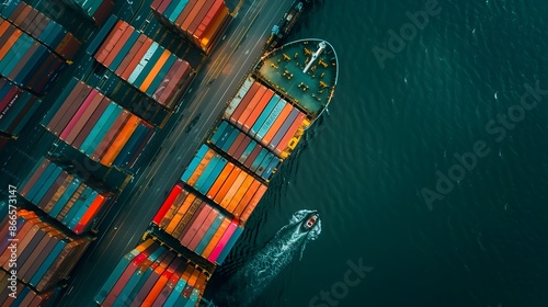 Aerial View of Busy Container Ship Docked at Busy Commercial Port Harbor © pkproject