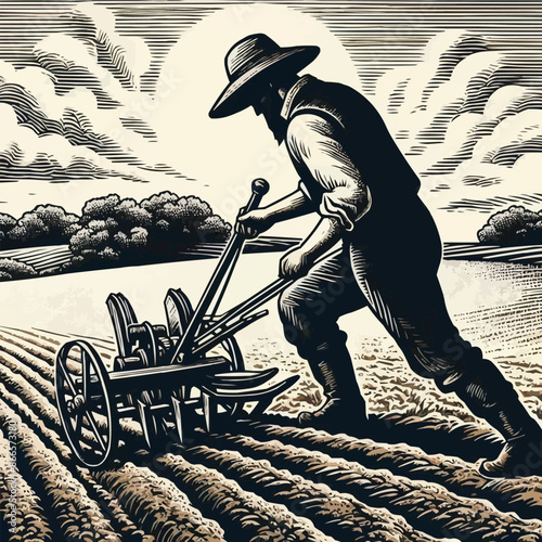 Country man plowing the land in the backlands. Woodcut style.