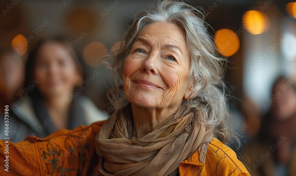 A joyful group training in the studio finds an elderly woman happily dancing with other women. A joyful group training in the studio finds an elderly woman happily dancing with other women.
