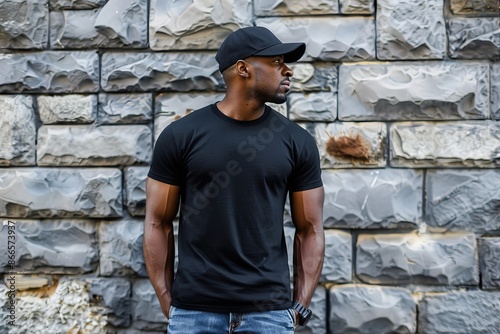 African American man in blank black t-shirt standing against brick wall