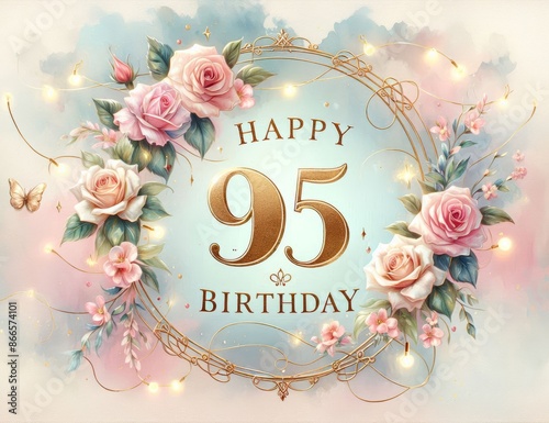 Elegant 95th birthday greeting card with pink and white roses in delicate pastel tones.