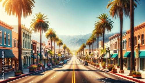palm-lined street in a vibrant town. The road is flanked by classic architecture,