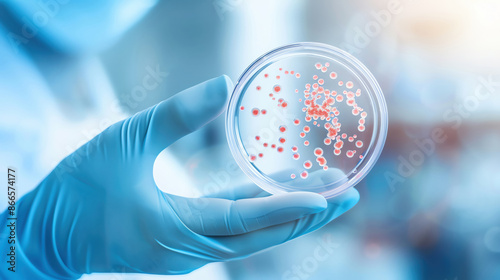Illustration of a biosafety scientist wearing gloves, holding a petri dish with bacterial cultures, lab environment, safety protocols