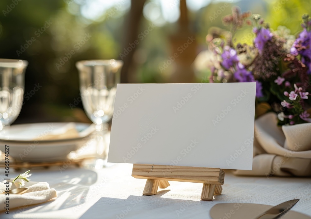 An example of a white blank space card, with a clipping path for a greeting, table number, wedding invitation template, on a wedding table setting background. An example of a white blank space card, with a clipping path for a greeting, table number, wedding invitation template, on a wedding table setting background.