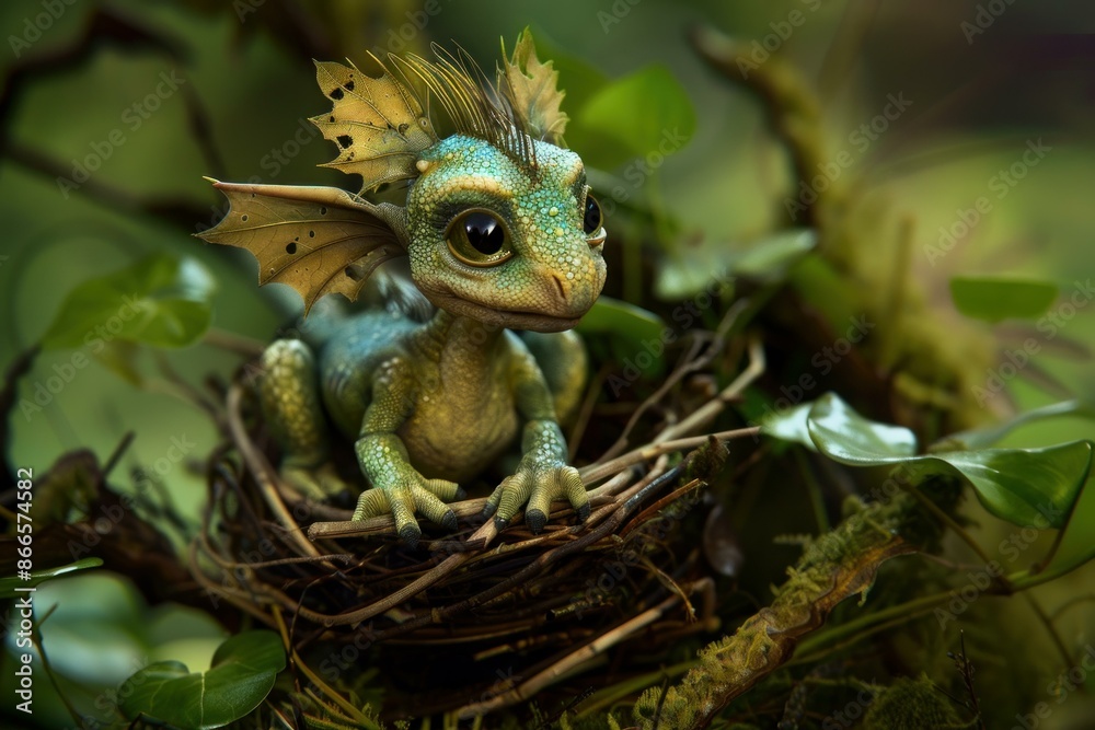 Digital creation of a dragon hatchling sitting in a leafy nest Digital creation of a dragon hatchling sitting in a leafy nest