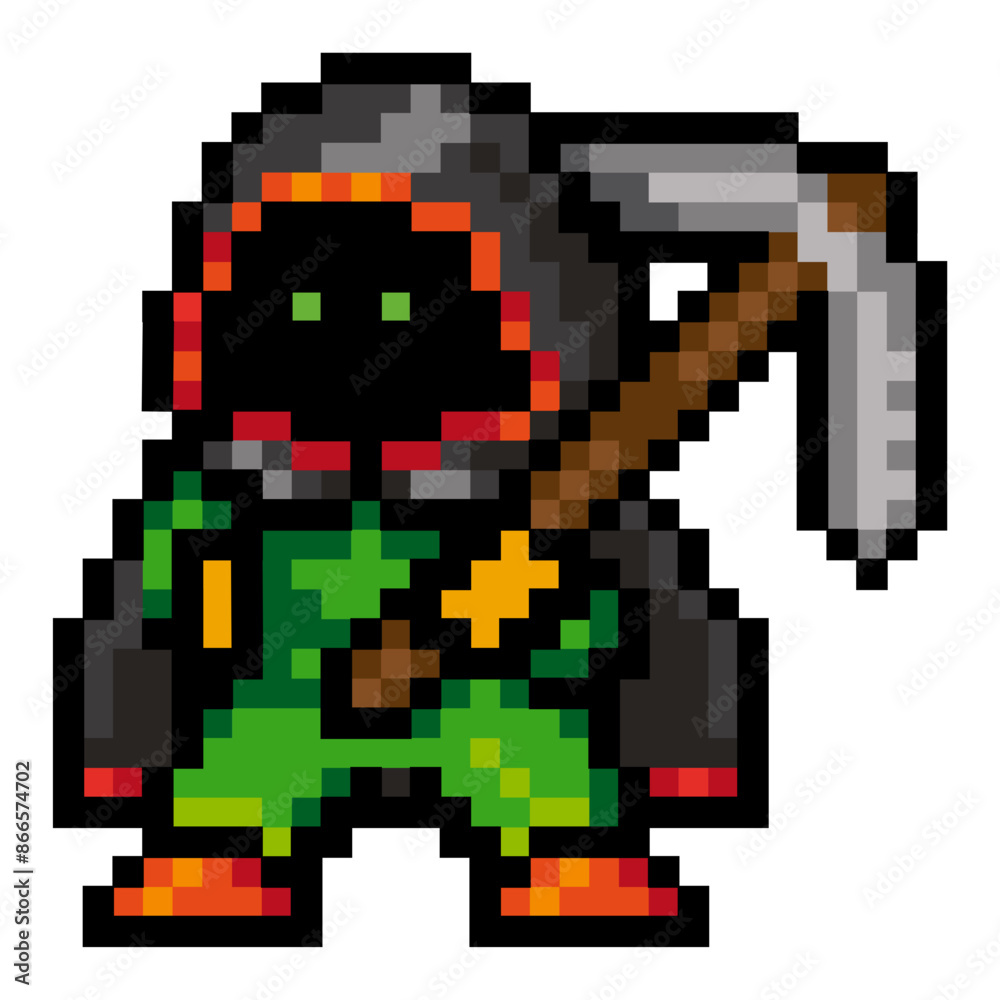 Game character dwarf, pixel graphics, 8 bits, vector image. Dwarf in the hood with the tool in his hand. Animated hero. Eyes glow, legs apart. It is painted in different colors: orange, green, brown. Game character dwarf, pixel graphics, 8 bits, vector image. Dwarf in the hood with the tool in his hand. Animated hero. Eyes glow, legs apart. It is painted in different colors: orange, green, brown.