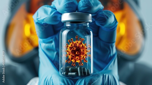 Illustration of a scientist holding a biological hazardous capsule, bio weapon toxin, protective gloves