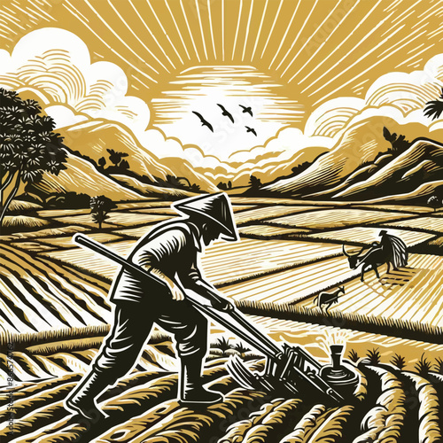 Country man plowing the land in the backlands. Woodcut style.