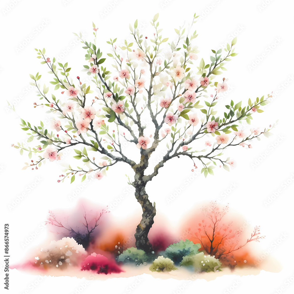 Fototapeta premium watercolor painting of ornamental flower tree on white background