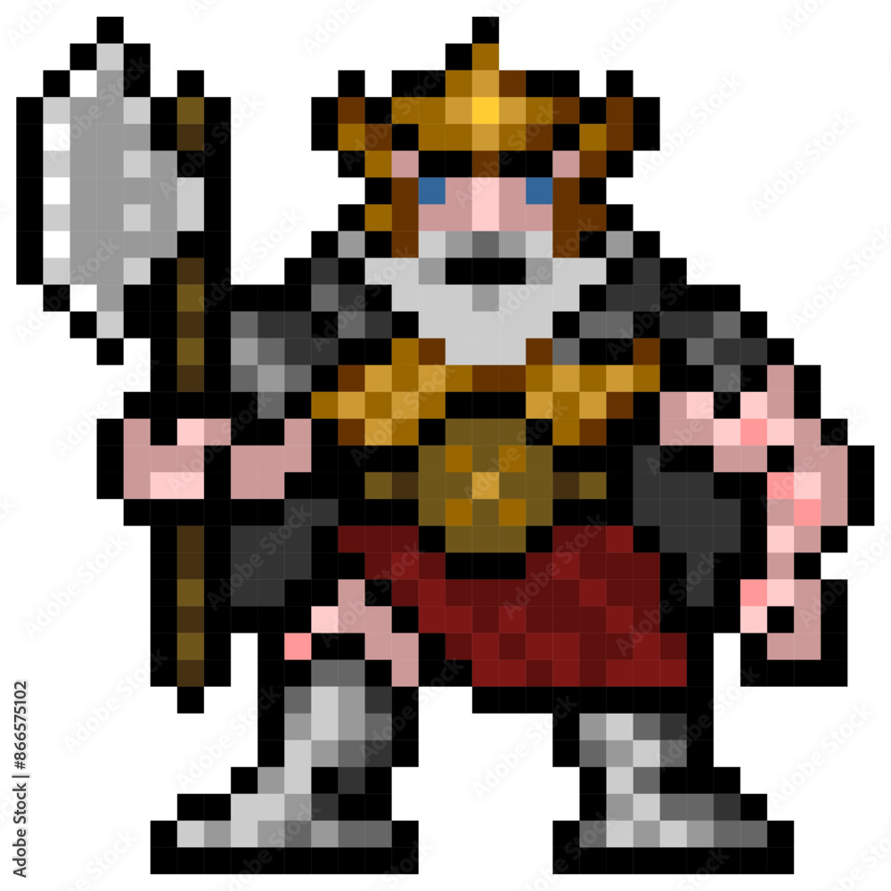 Viking pixel art, vector graphics. A figure of a viking in armor in a helmet with a sword and an axe. Viking pixel art, vector graphics. A figure of a viking in armor in a helmet with a sword and an axe.
