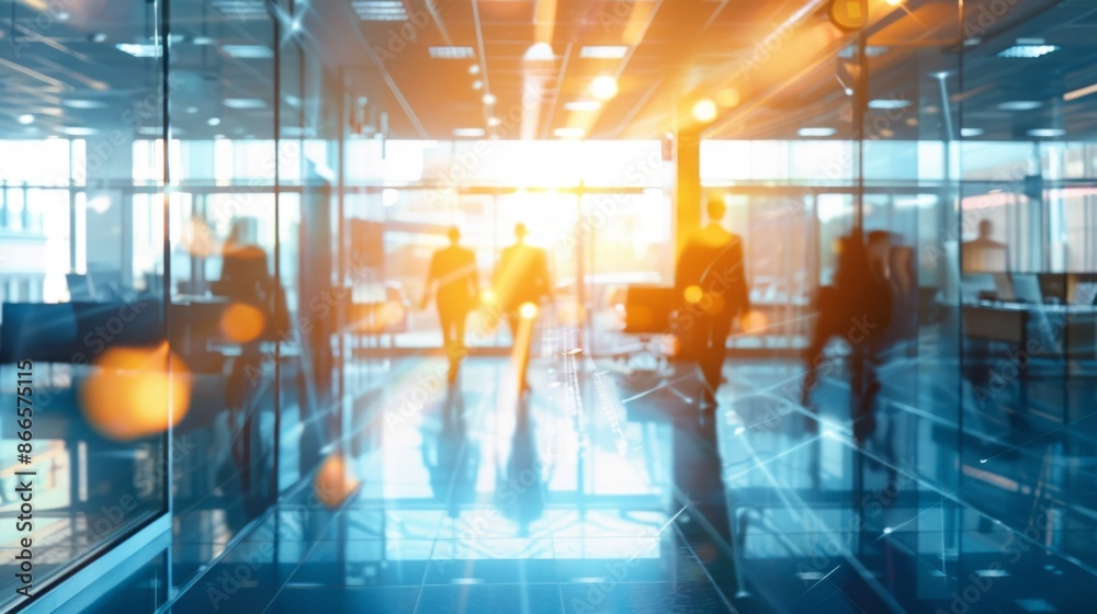A blurry image of several people walking through a modern office entrance. The image is taken from a low angle and the figures are backlit by bright sunlight A blurry image of several people walking through a modern office entrance. The image is taken from a low angle and the figures are backlit by bright sunlight