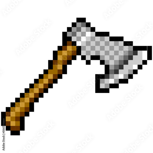 Battle ax of a warrior, viking. Vector pixel graphics. Icon for computer games. Metallic color, wooden handle.