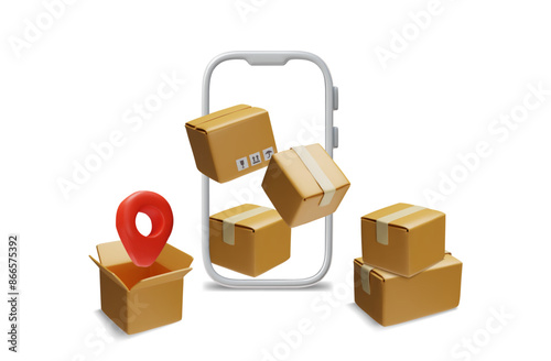 3D cardboard boxes with geolocation signs for packaging and delivery services ideal for online orders.