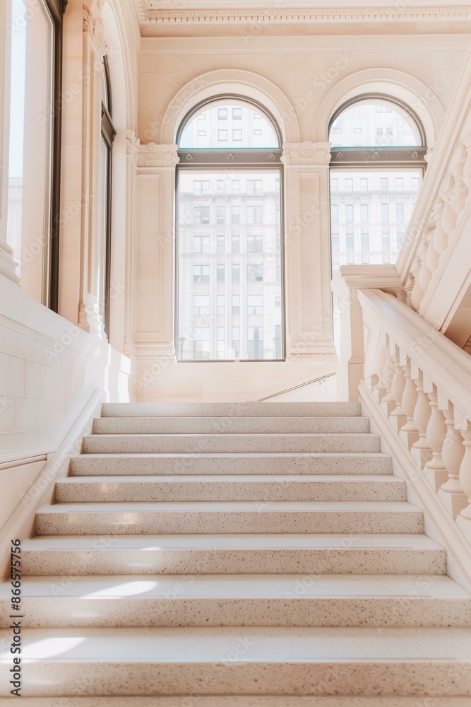 grand staircase inside a historic building, with arched windows and a view of the surrounding architecture grand staircase inside a historic building, with arched windows and a view of the surrounding architecture