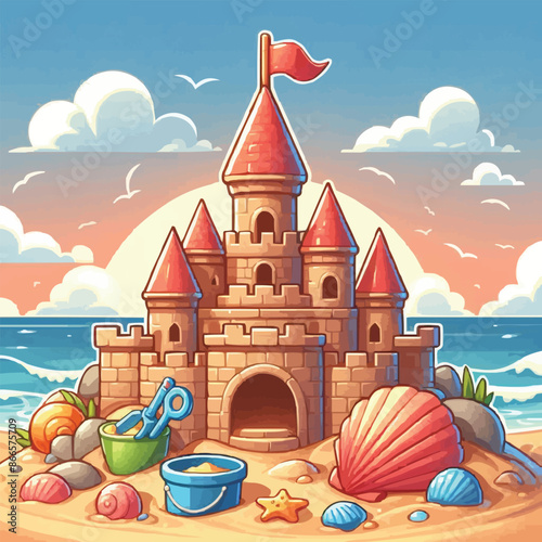 Beach sandcastle toy in summer to play near sea cartoon. Cute sand castle game icon with seashell and rock object. Kid vacation sculpture clipart drawing with red flag. Creative fantasy palace graphic