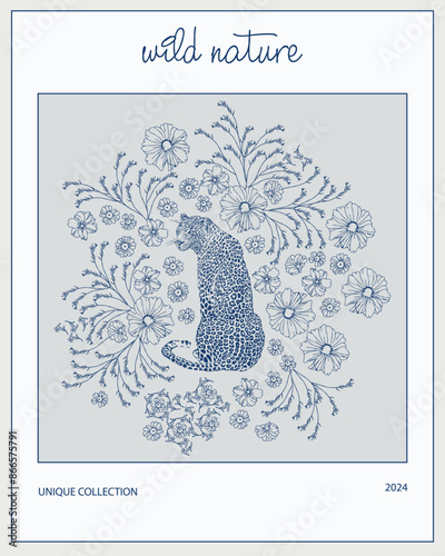  Poster with leopard, flowers and leaves in vintage style.