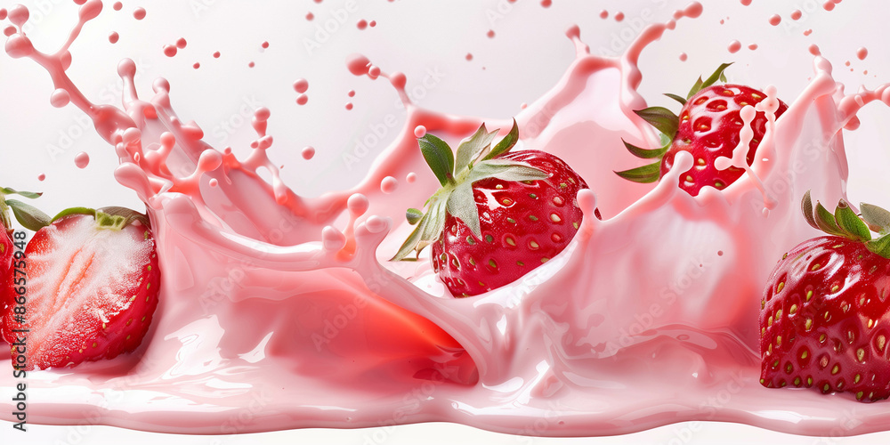 A dramatic splash of strawberry milk creating a captivating visual A dramatic splash of strawberry milk creating a captivating visual