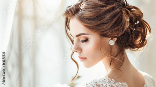 Elegant bride with updo, light background, bridal look