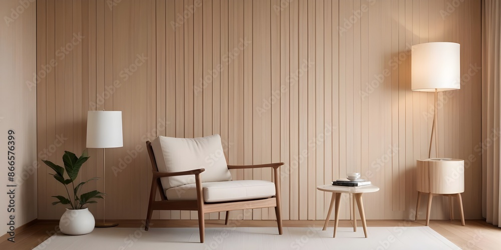 Room interior mock-up in beige tones with wooden chair and wood panel. Generative AI Room interior mock-up in beige tones with wooden chair and wood panel. Generative AI
