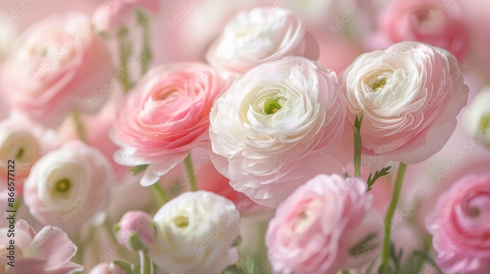 A close-up of pale pink and white ranunculus flowers bathed in soft sunlight, highlighting their delicate beauty A close-up of pale pink and white ranunculus flowers bathed in soft sunlight, highlighting their delicate beauty