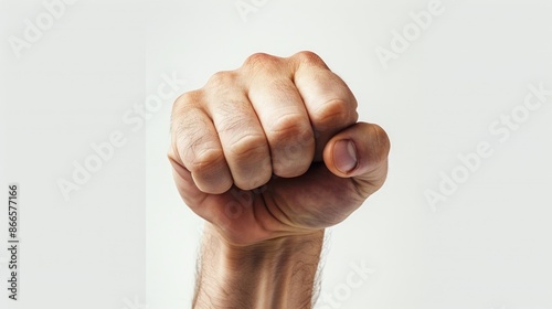 A man's fist is raised in the air, with his thumb and index finger extended © vefimov