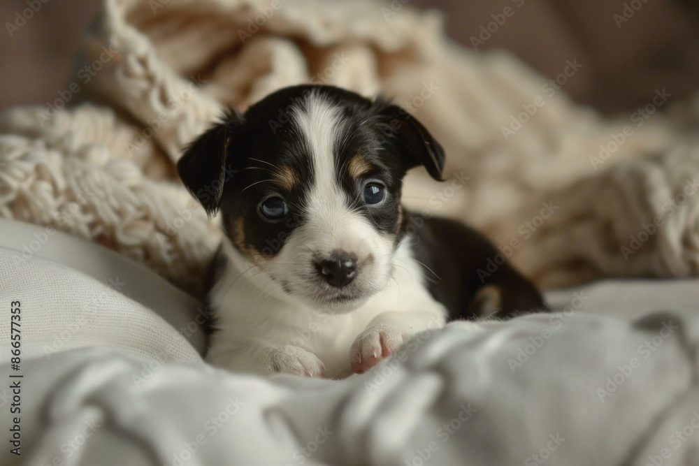 Cute black and white puppy with soulful eyes relaxes on a soft blanket indoors Cute black and white puppy with soulful eyes relaxes on a soft blanket indoors