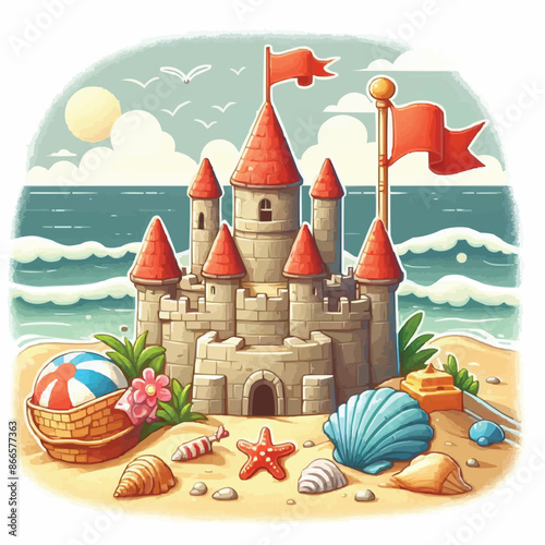 Beach sandcastle toy in summer to play near sea cartoon. Cute sand castle game icon with seashell and rock object. Kid vacation sculpture clipart drawing with red flag. Creative fantasy palace graphic