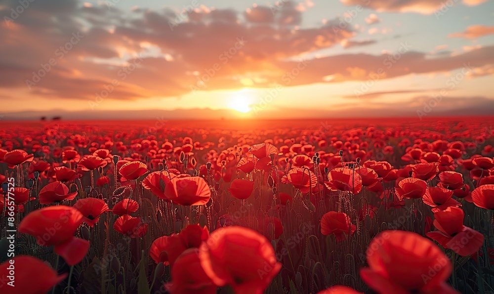 Fototapeta premium Sunset field with red poppies, a beautiful nature background for Remembrance Day and Veterans Day, lest we forget.