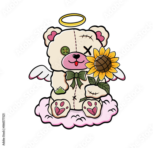 Cute Teddy Bear is Angel. The cartoon toy with flower. Funny illustration for kids.