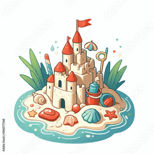 Beach sandcastle toy in summer to play near sea cartoon. Cute sand castle game icon with seashell and rock object. Kid vacation sculpture clipart drawing with red flag. Creative fantasy palace graphic