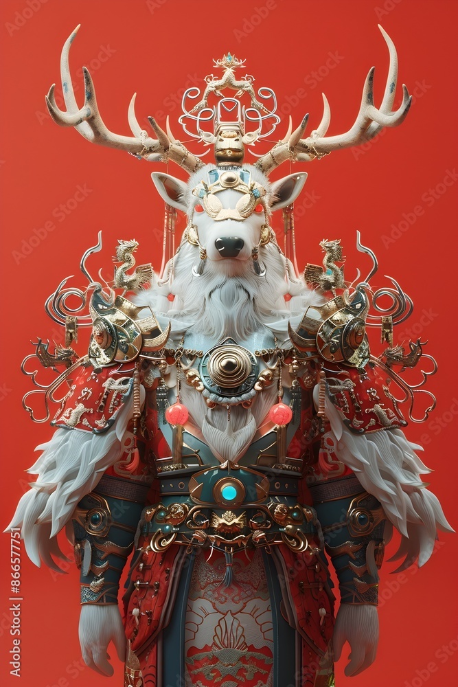 Fototapeta premium Majestic Celestial Stag in Exquisite Mythical Armor Cinematic Fantasy 3D Rendering