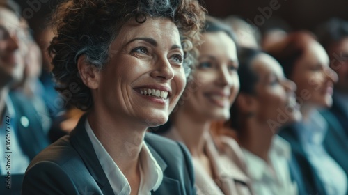 A woman with a smile on her face is sitting in a crowd of people
