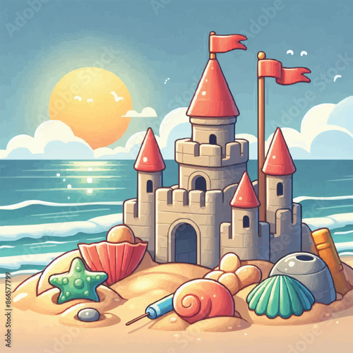Beach sandcastle toy in summer to play near sea cartoon. Cute sand castle game icon with seashell and rock object. Kid vacation sculpture clipart drawing with red flag. Creative fantasy palace graphic