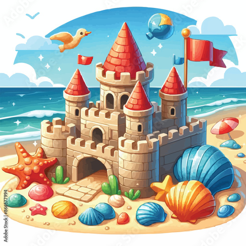 Beach sandcastle toy in summer to play near sea cartoon. Cute sand castle game icon with seashell and rock object. Kid vacation sculpture clipart drawing with red flag. Creative fantasy palace graphic
