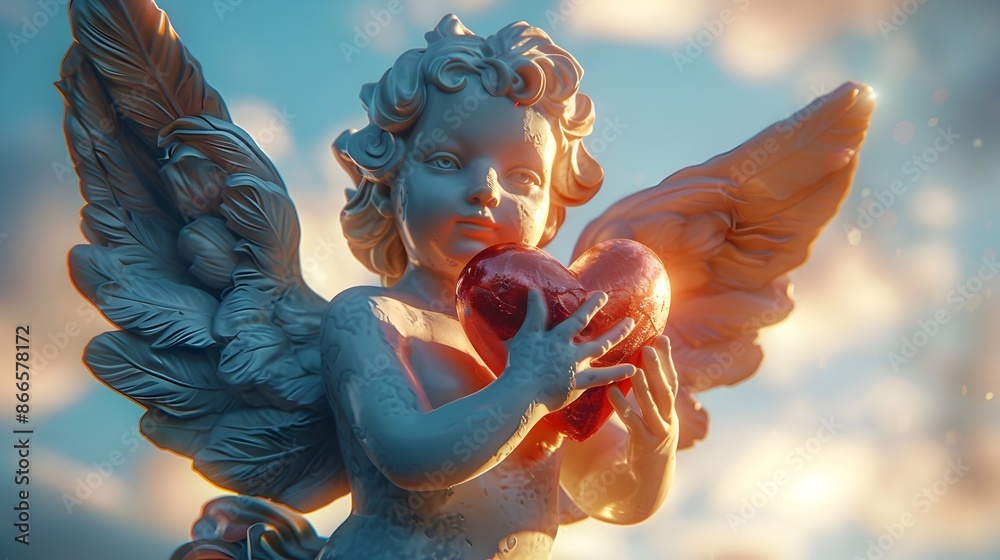 Naklejka premium Cupido s Winged Form and Heart Bow Symbolize Timeless Valentine s Day Romance with Prime