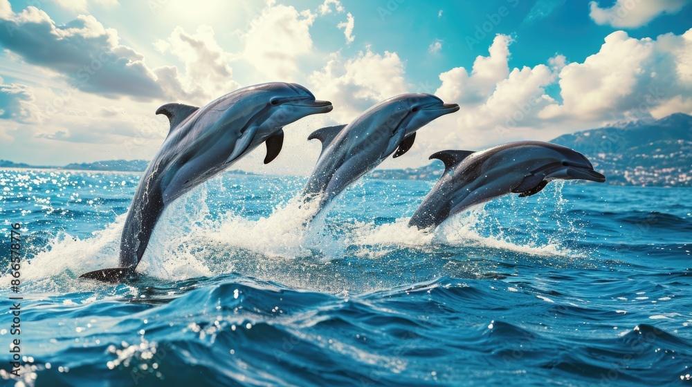 Three dolphins jumping out of the water Three dolphins jumping out of the water