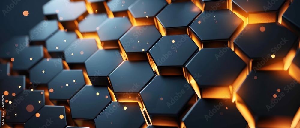 Hexagonal shapes with a glowing effect on a black background