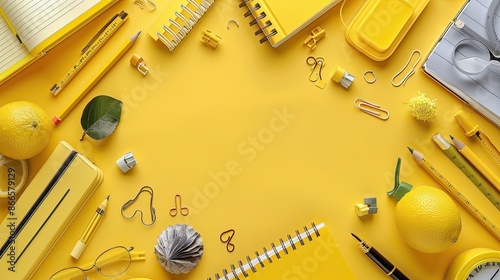 Yellow Desk with Office Supplies and Citrus Fruits on Bright Yellow Background - Flat Lay Stock Photo photo