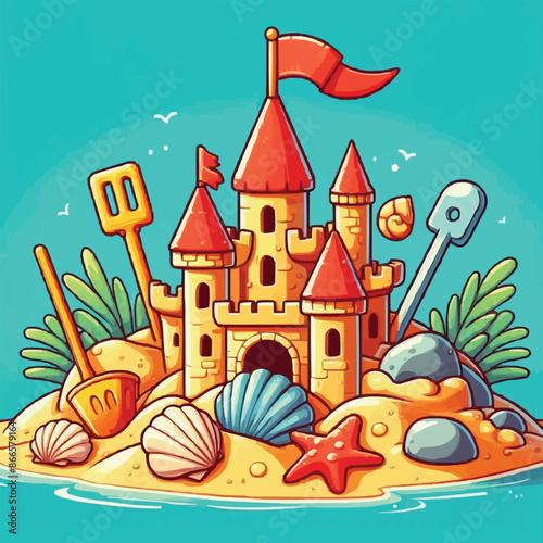 Beach sandcastle toy in summer to play near sea cartoon. Cute sand castle game icon with seashell and rock object. Kid vacation sculpture clipart drawing with red flag. Creative fantasy pa