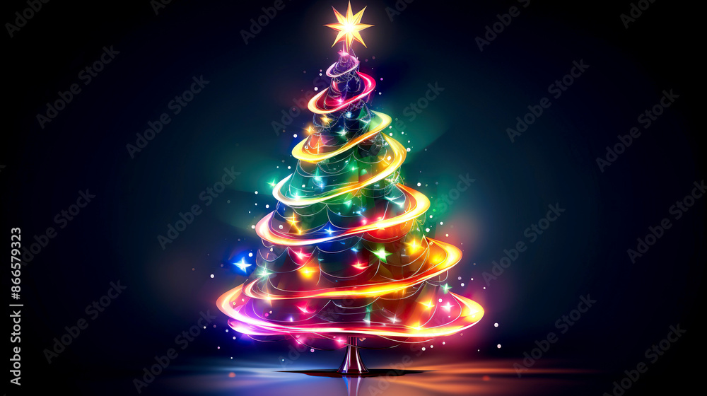 A digital illustration of a colorful Christmas tree with lights and a star on top A digital illustration of a colorful Christmas tree with lights and a star on top
