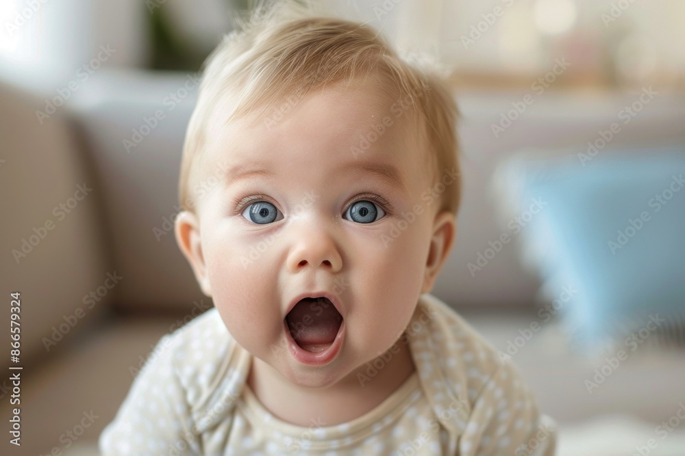Closeup of a cute baby with big blue eyes and a surprised expression Closeup of a cute baby with big blue eyes and a surprised expression