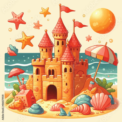 Beach sandcastle toy in summer to play near sea cartoon. Cute sand castle game icon with seashell and rock object. Kid vacation sculpture clipart drawing with red flag. Creative fantasy pa